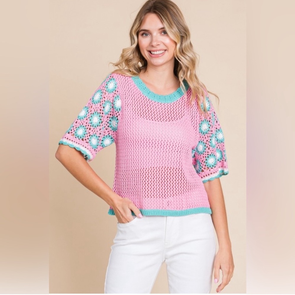 Pink and Teal Crochet Knit Top